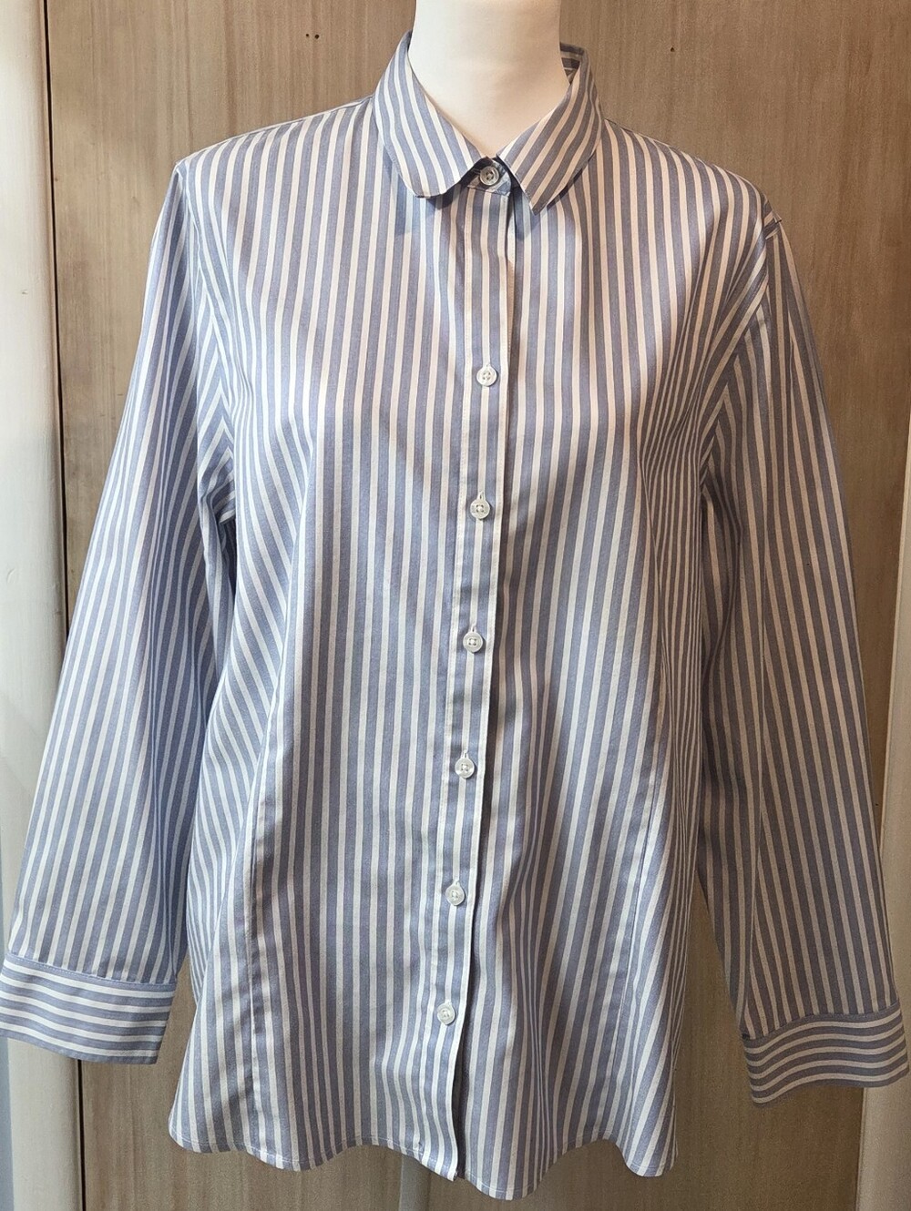 Chico's No-Iron Coolmax Blue and White Striped Button Front Blouse-Size 3 or XL